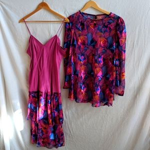 I. Magnin Vintage Tiered Pink/Blue Floral 2 Piece Dress